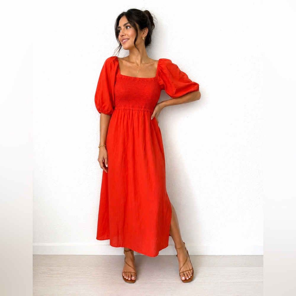 Bold Red Smocked Maxi Dress with Puff Sleeves XS